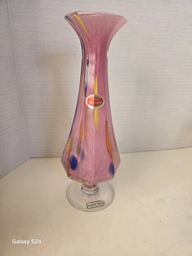 Vintage MURANO LAVORAZIONE ARTE Pink Confetti Handblown Glass Vase - ITALY  10"