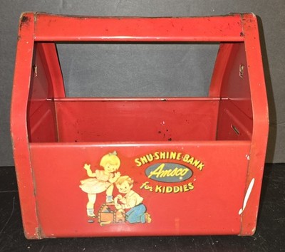 Vintage 1950s Amsco Shu Shoe Shine Bank for Kiddies Red Tin Toy Red Metal Box