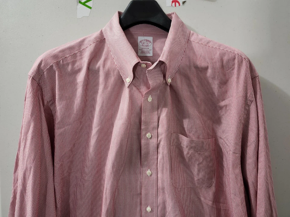 Camisa Brooks Brothers Para Hombres 18.5 Roja Madison Botones Supima Algodón Rayas Pkt Foto 4 de 4
