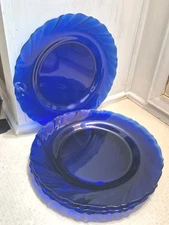 4 Vintage Duralex France Vereco Rivage Cobalt Blue Swirl 9” Dinner Plates 1 Used