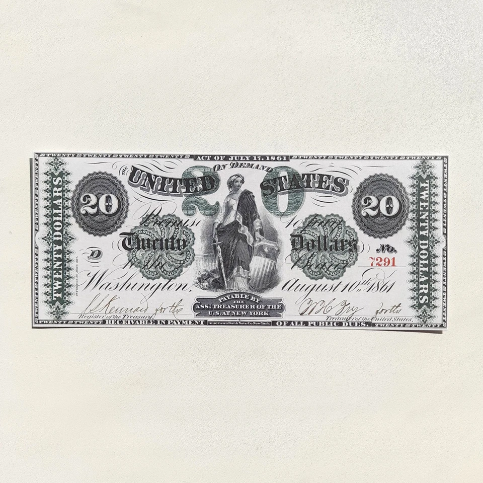 20 Dollars 1861 New York Demand Note Greenback Reproduction Banknote Fr US# 11a - Image 3 of 4
