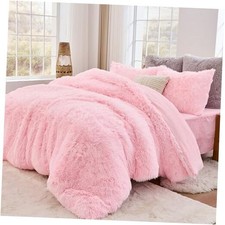 3-Piece Fluffy Duvet Cover Ultra Soft Faux Fur and Velvet Comforter Queen Pink