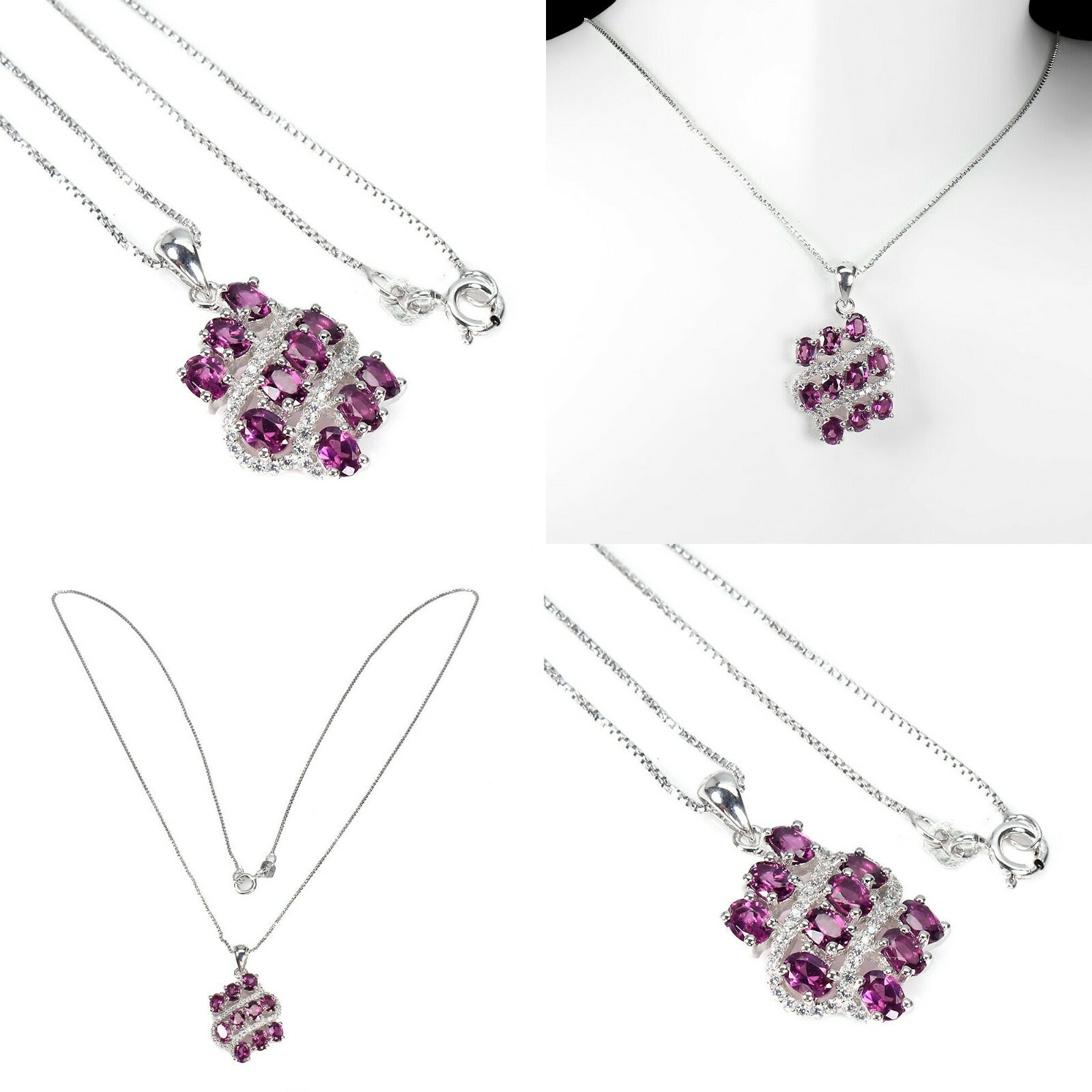 Pendentif Grenat véritable collier argent massif plaqué or blanc pour femme 3,90g