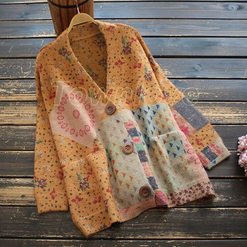 Damen-Cardigan Pastoral-Stil V-Ausschnitt Blumen Patchwork Retro Strickwaren Pullover - Bild 10 von 17