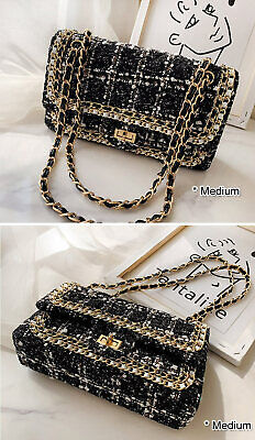 Small/ Medium Quilted Tweed Double Flap Purse Shoulder Bag Chain Strap  Handbag