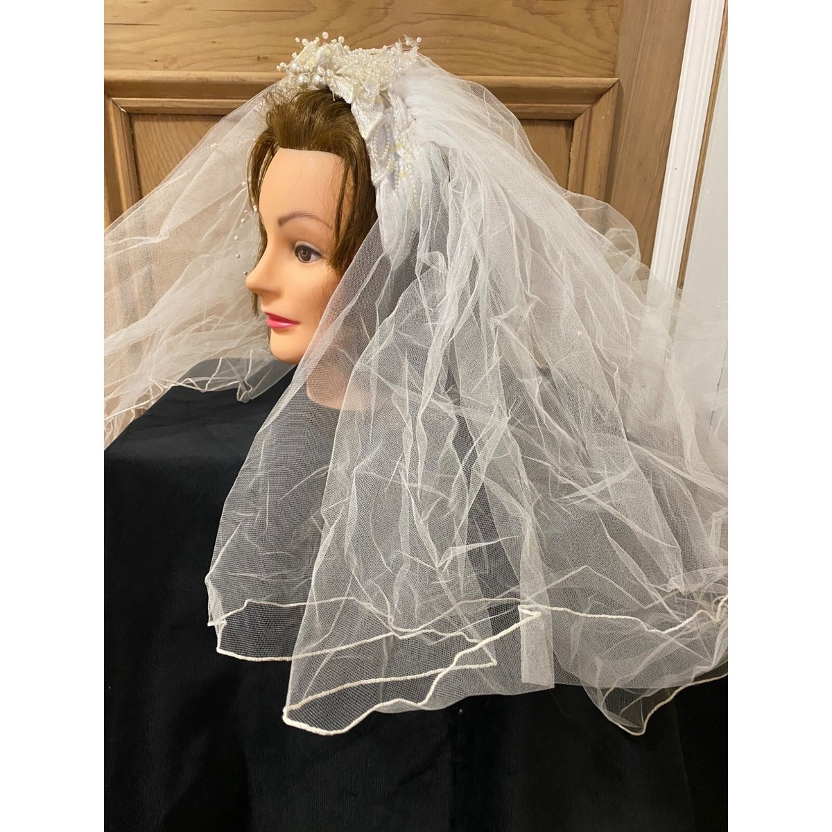 VINTAGE Bridal Veil Wedding Tulle Headpiece Tiered Pearls 