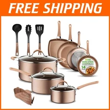 Durable 14-Piece Cookware Set: Nonstick & PFOA Free with Utensils Included