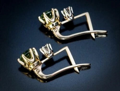 3Ct Round Cut Simulated Peridot & Diamond Drop Earrings 14K Yellow Gold Plated - Image 2 of 4