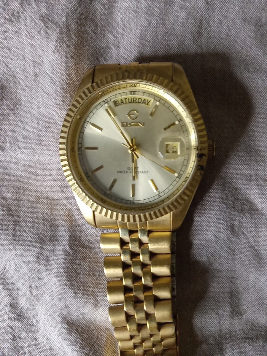 VTG GOLD TONE ELGIN FC400B CALENDAR STAINLESS STEEL WATCH