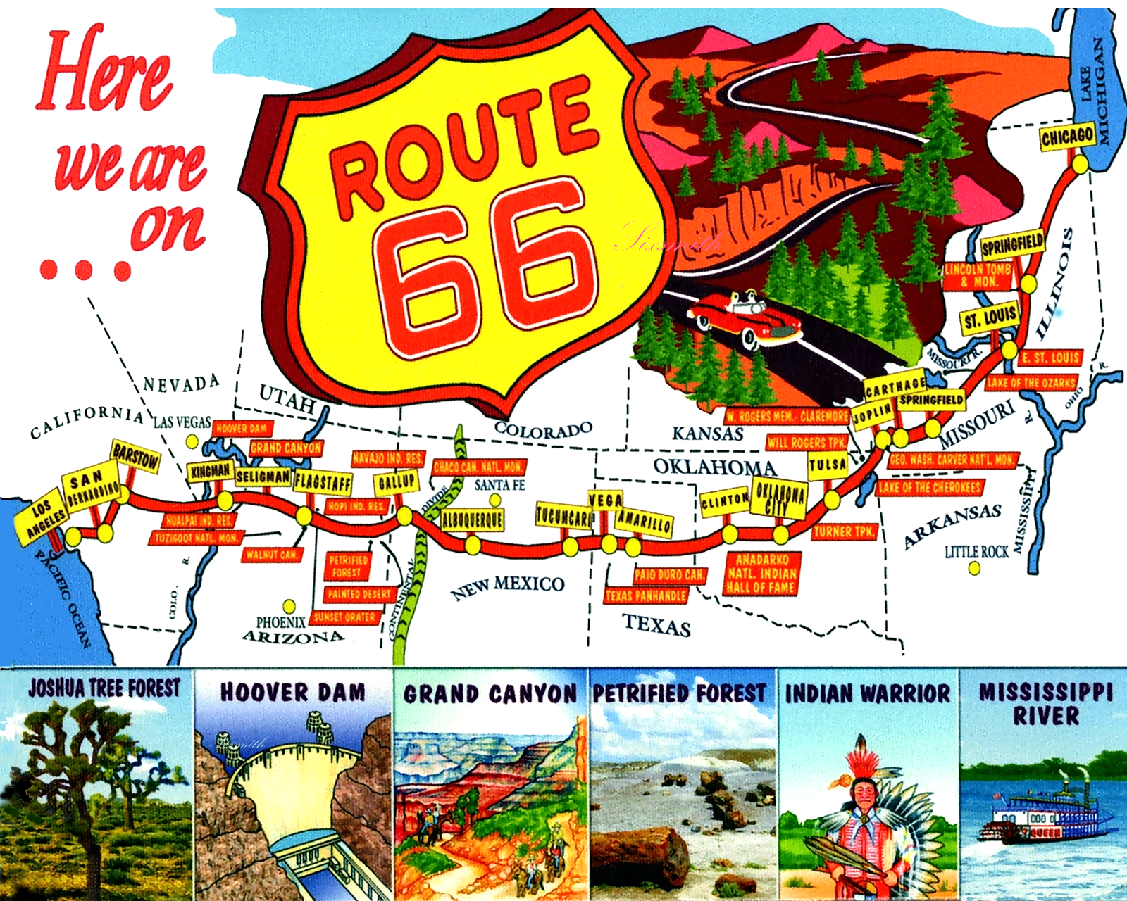 ROUTE 66 ATTRACTIONS MAP Vintage Illustration Giclee High Res 8 x 10