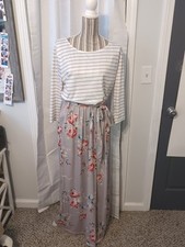 Merokeety Maxi Dress Striped Top Floral Bottom Tie Waist Size XL
