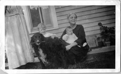 Grandmother with Babies and Cute Family Black Dog Snapshot 1930s Vintage Photo