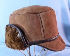 KNIGHT TAILORS New Zealand SHEEPSKIN SUEDE Trapper Hat Cap BROWN CURLY WOOL XL