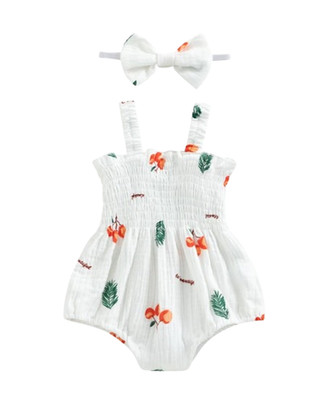 Baby Girl Cotton Linen Carrot Print Bodysuit & Headband Summer Clothing YOX132