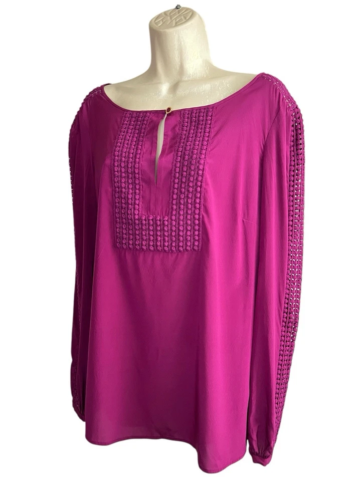 Blusa túnica Tory Burch púrpura roja seda manga larga crochet talla 10 Foto 3 de 4