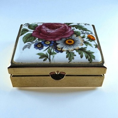 Vintage Floral Porzellan Pillendose Messing Schmuck Schmuckkästchen Rosen Design 40mm