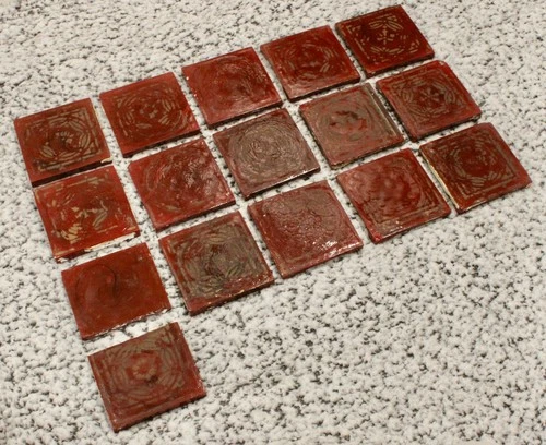 14 & 2x 1/2s x ANTIQUE 3” TIFFANY STUDIOS L.C.T. FAVRILE GLASS TILE - BRICK RED