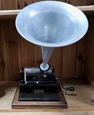 Antique c.1905 Thomas Edison Gem Phonograph w/Horn & Large Cylinder Collection