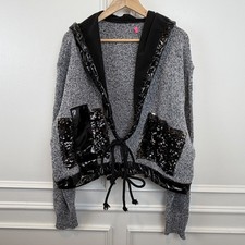 Marled Grey Knit Hooded Cardigan with Sequin Pockets and Patent Trim
