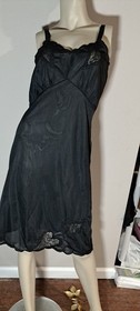 Vtg Black Nylon Full Slip Cute Black Lace Heart Cut Out 36