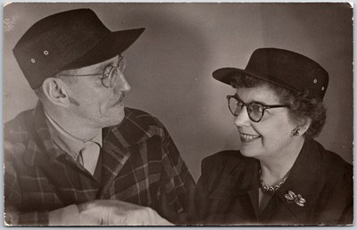 Candid Portrait, 1952 Elderly Couple In Hats & Glasses Sharing Moment, Postcard
