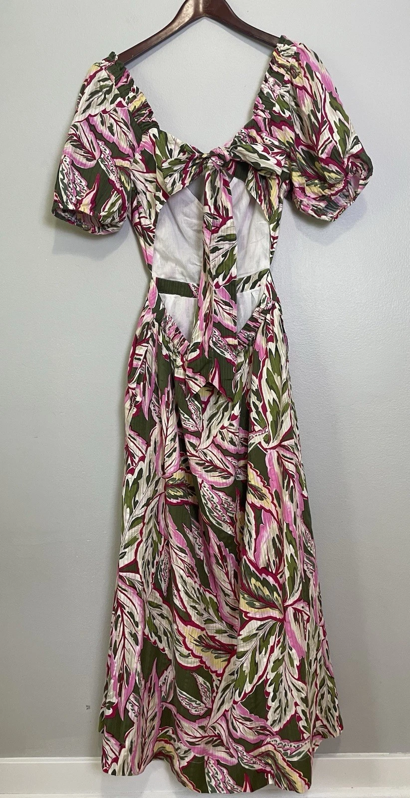 PALM ANGELS Maxi abito nuovo con etichette LOFT spiaggia taglio palma taglia S tropicale oliva e fiori rosa