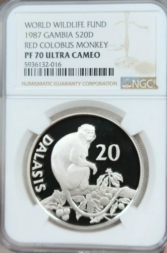1987 GAMBIA SILVER 20 DALASIS RED COLOBUS MONKEY NGC PF 70 ULTRA CAMEO PERFECT
