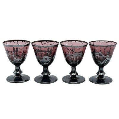 Vintage Purple Glass W/ Silver Tone Overlay Cordial Shot Glasses Barware Set 4