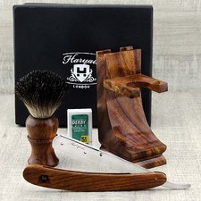 Wooden Shaving Kit Badger Hair Bristles Shaving Brush Cut Throat Straight Razor