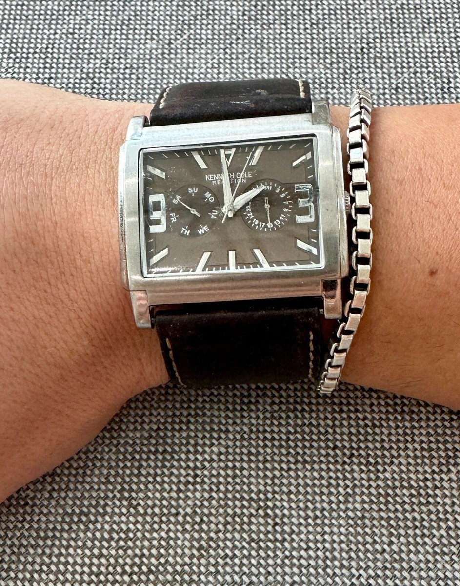 Kenneth Cole Rectangular Watch KC1289 Black Dial Brown Leather