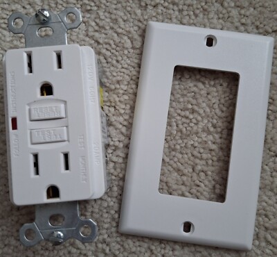 GFCI outlet 20 amp white, test / reset buttons, red failure LED, white plate