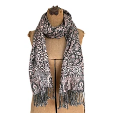 Womens Pashmina Scarf Blue Pink Floral Paisley Boho Fringe Wrap Cotton 26 X 70