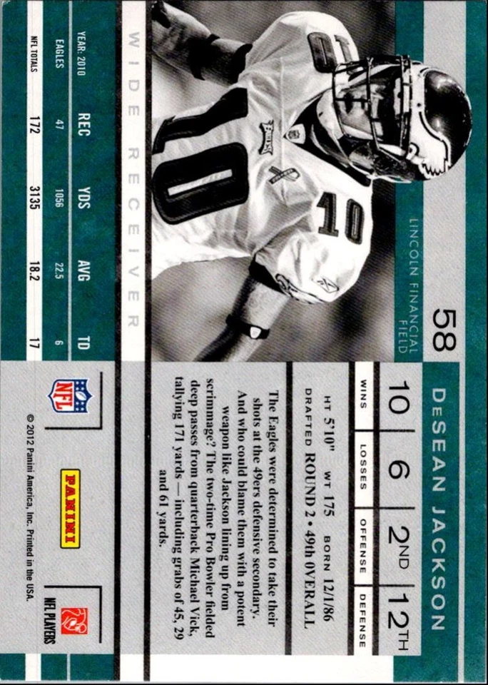 2012 Panini Prime Signatures Proof Green DeSean Jackson Philadelphia Eagles #58 - Image 2 of 2