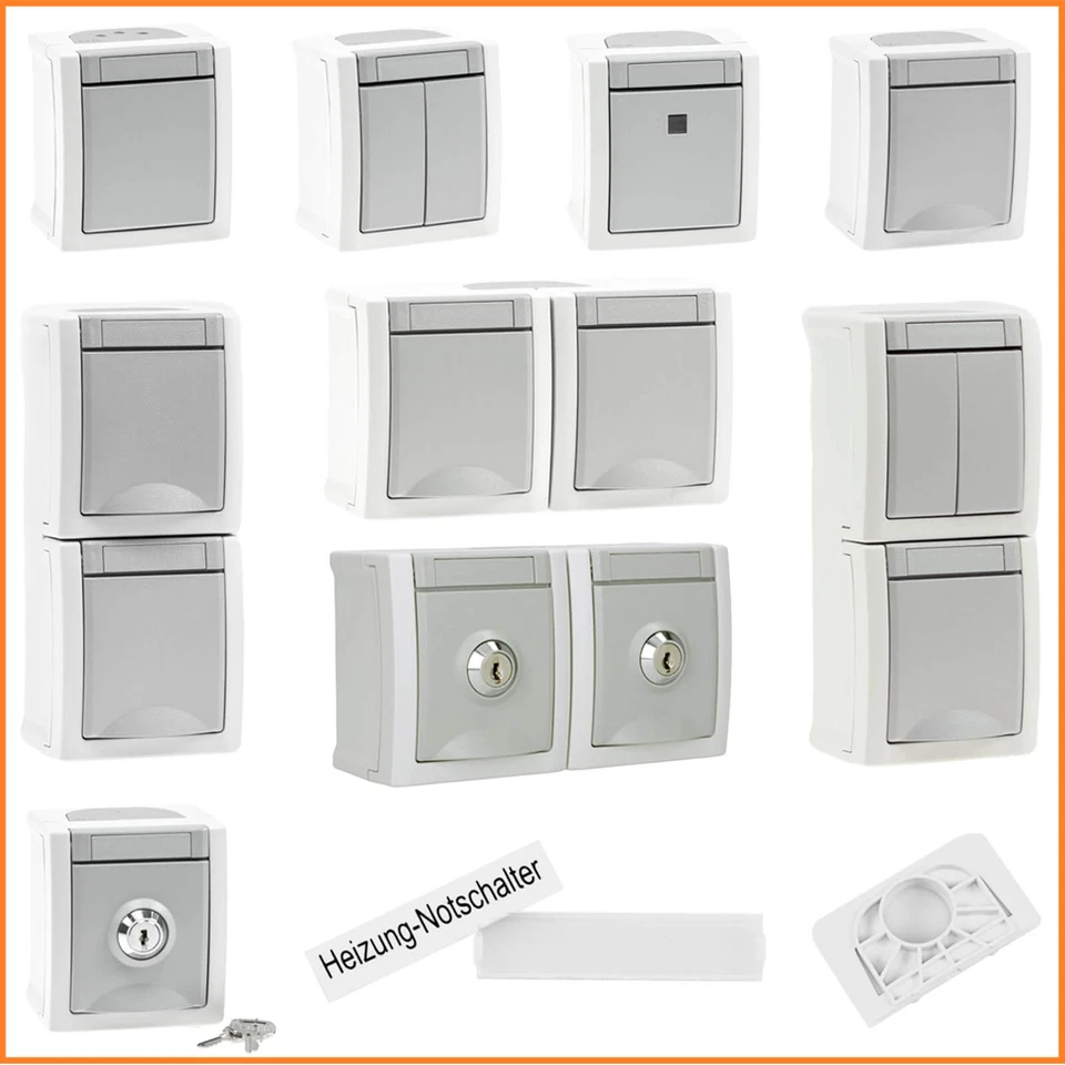 Viko Pacific Aufputz Feuchtraum Schalter Taster Steckdose IP54 Grau Auswahl