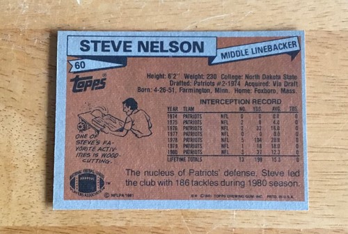Tarjeta de fútbol americano Topps #60 1981 autógrafo firmado por Steve Nelson New England Patriots - Imagen 2 de 2