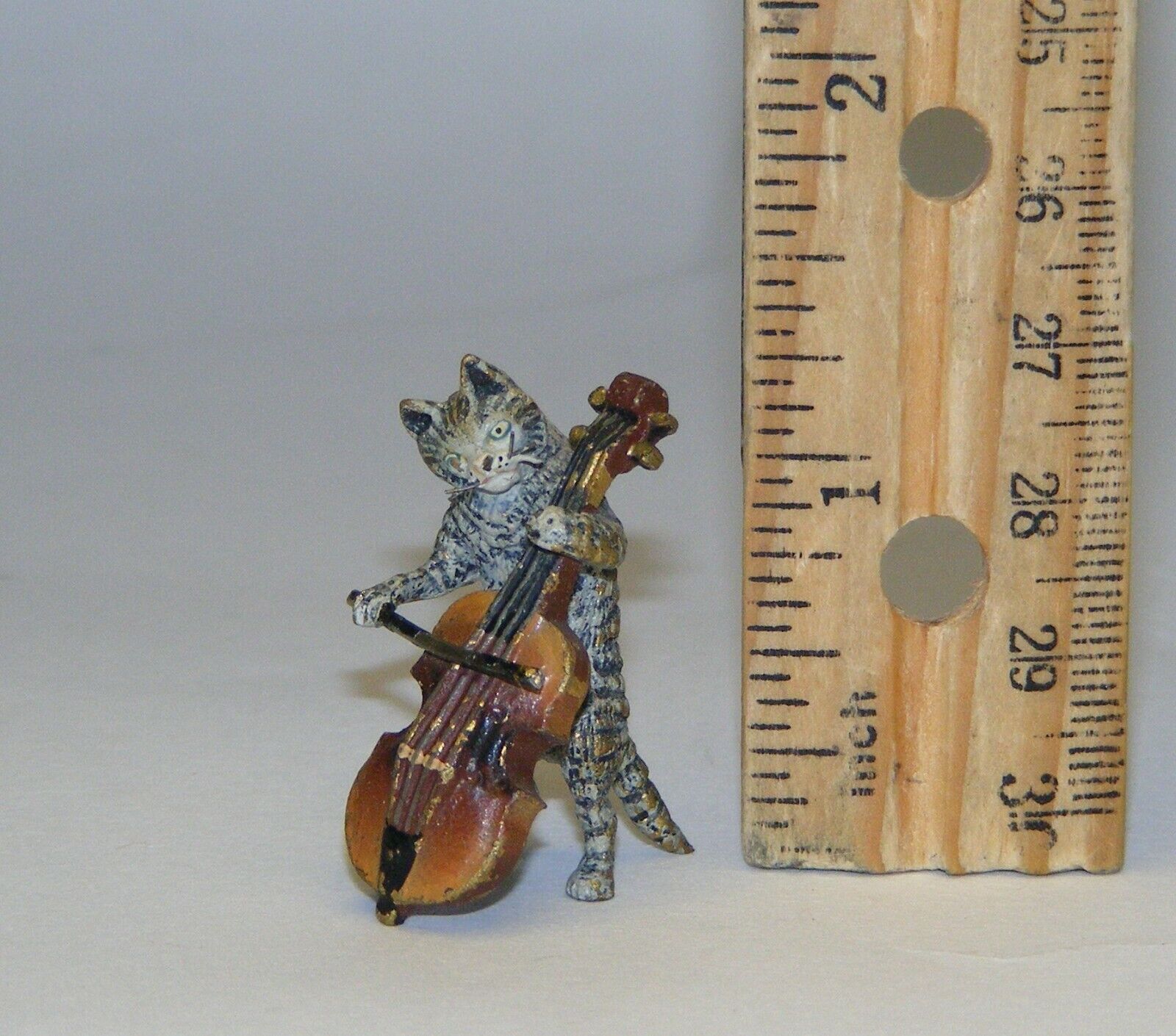 Miniature cold painted bronze musician cat figurine, playing a cello