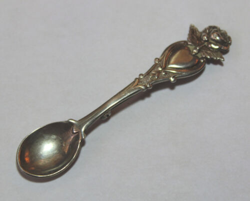 Delicate Sterling Silver Spoon Pin Brooch with Heart and  Spring Rose - Afbeelding 1 van 6