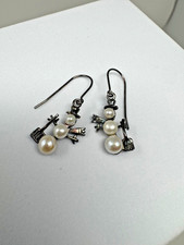 Vintage Sterling Silver 925 Freshwater Pearl Snowman Drop Earrings Shovel
