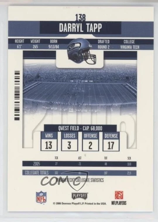 2006 Playoff Contenders Darryl Tapp #138 Rookie Auto RC - Image 2 of 2