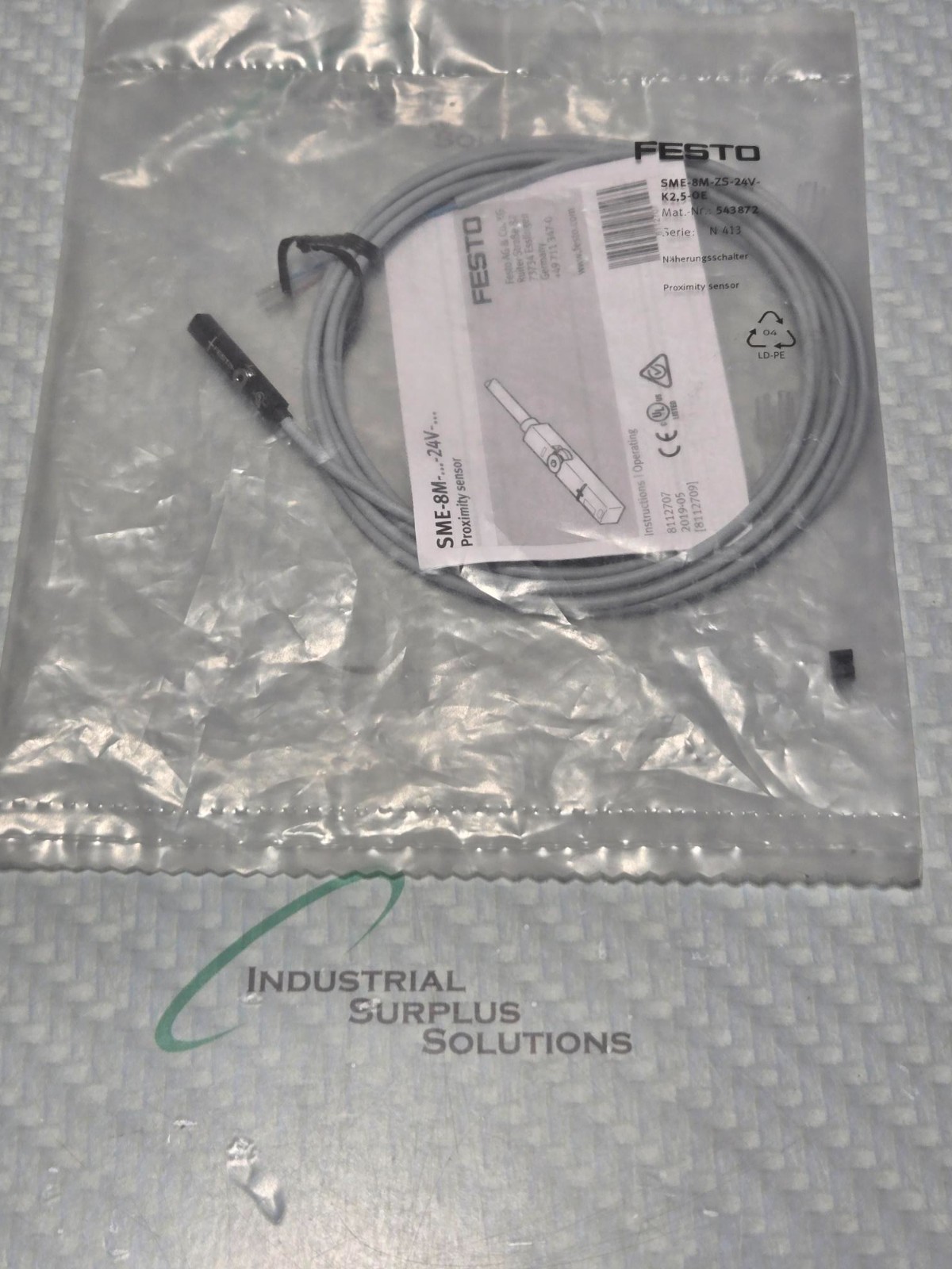 FESTO SME8MZS24VK25OE / 543872 PROXIMITY SENSOR 2.5M CABLE