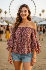 jeans by buffalo womens small off shoulder sheer paisley nwt tulip sleeve top