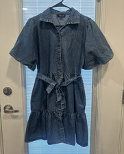 Hint of Blush Denim Shirt Dress Size Medium Puff Sleeve Tie Waist