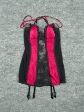 Ann Summers Black Pink Satin Mesh Lace Babydoll Chemise Garters UK 10 EU 36