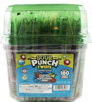 Sour Punch Twists, 6'' Individually Wrapped Soft & Chewy Candy Tub, 4 Fruit 