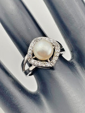 925 STERLING SILVER 7.76MM BUTTON PEARL CZ HALO RING SIZE 6 WEDDING JUNE 1376