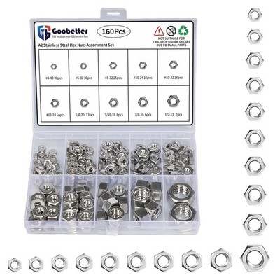 160PCS SAE Hex Nuts Assortment Kit, 304 Stainless Steel, 4#40 6#32 8#32 10#24 10
