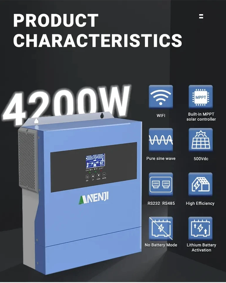 ANENJI 4,2KW INVERTER IBRIDO WIFI MPPT 110A FOTOVOLTAICO 24V OFF-GRID 450VDC