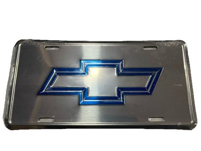Chevy Blue Bowtie License Plate Chevrolet Silver Aluminum Tag Made In USA