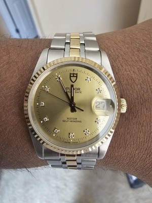 Tudor Prince OysterDate Solid Gold Fluted Bezel w Diamond Dial 74033