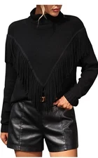 Women's fringe sweater knit turtleneck sweater black medium warm cozy sweater